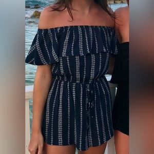 Blue and white off the shoulder romper